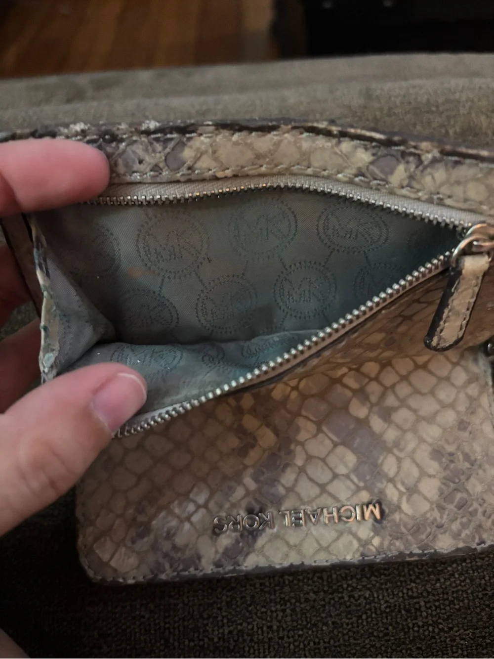 Michael Kors Taupe Snake-Embossed Wristlet